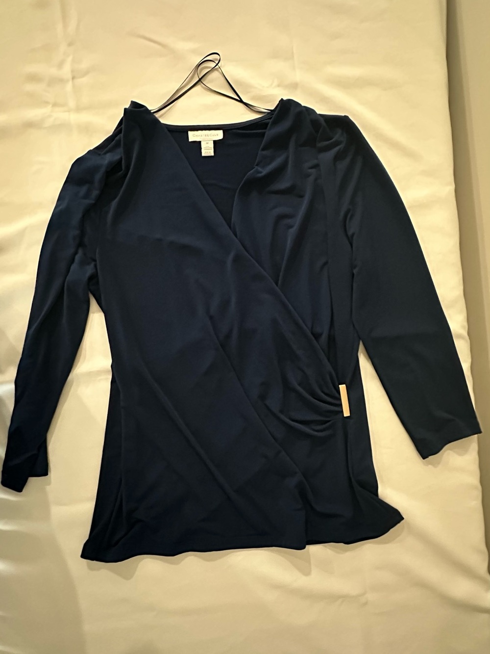 Charter Club Navy Wrap-Front Long Sleeve Blouse with Gold Accent